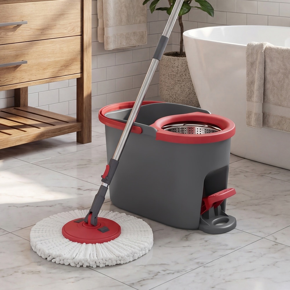 Moppesett med bøtte, pedal og 4 mikrofiberkluter – Grå/Rød / Gulvmopp med bøtte / Sentrifugalmopp