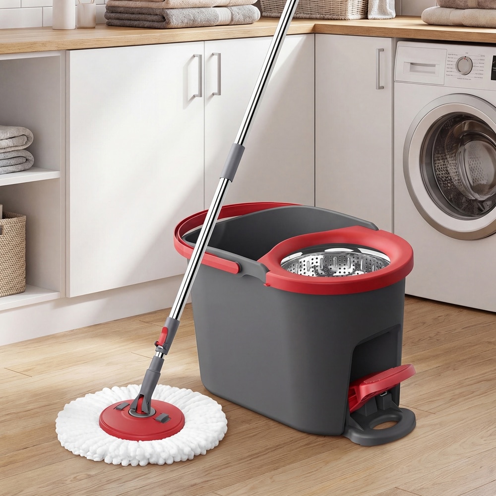 Moppesett med bøtte, pedal og 4 mikrofiberkluter – Grå/Rød / Gulvmopp med bøtte / Sentrifugalmopp