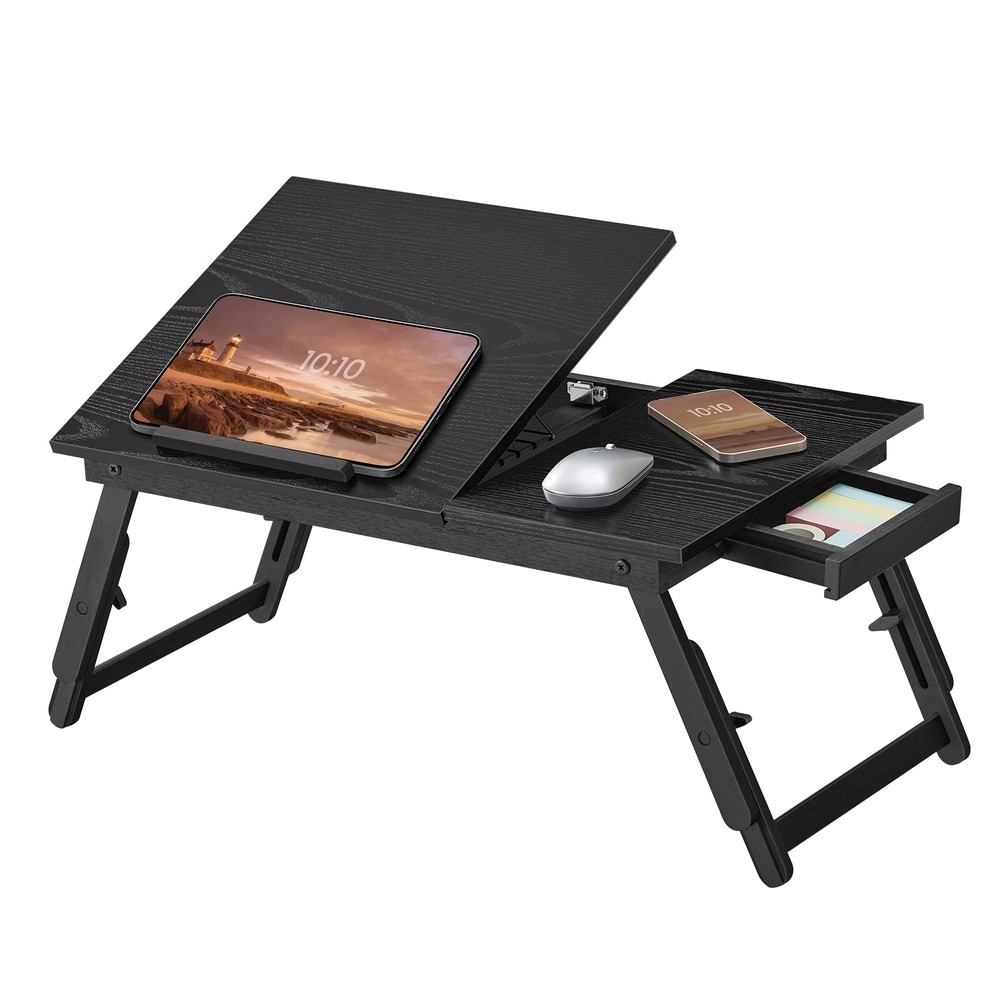 Sammenleggbart knebord/laptopbord til sengen med justerbar plate – Svart – Sengbrett – Laptopstativ