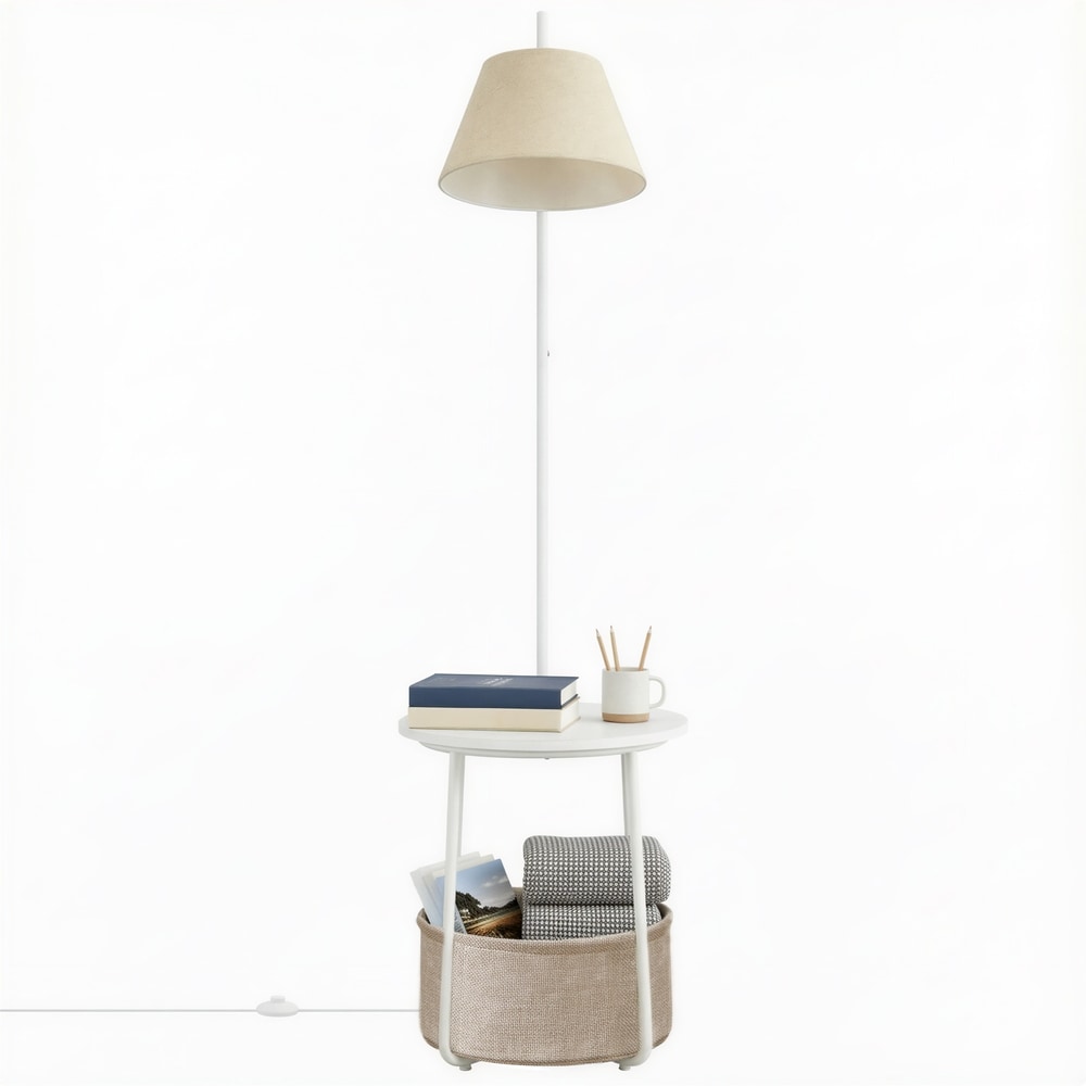 Sidebord med gulvlampe og stoffkurv, 3-i-1 – Hvit / Lampebord / Oppbevaringsbord med belysning