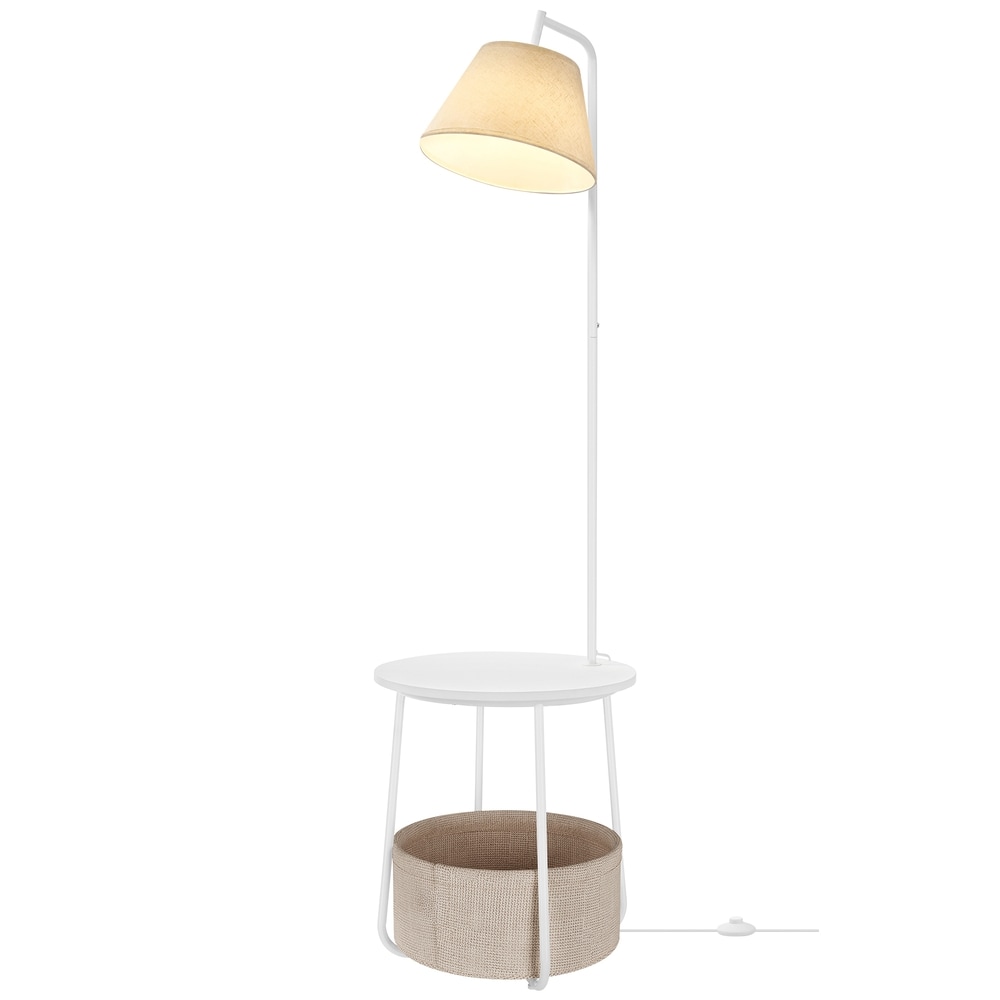 Sidebord med gulvlampe og stoffkurv, 3-i-1 – Hvit / Lampebord / Oppbevaringsbord med belysning