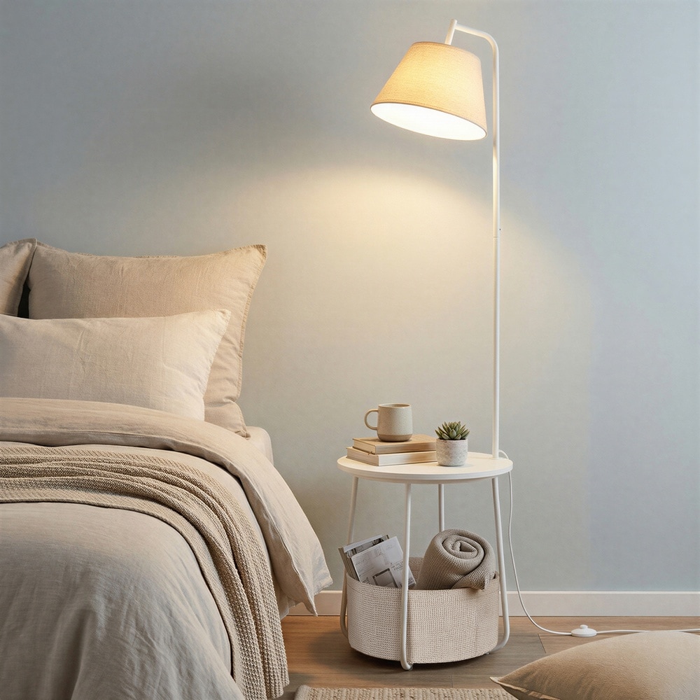 Sidebord med gulvlampe og stoffkurv, 3-i-1 – Hvit / Lampebord / Oppbevaringsbord med belysning