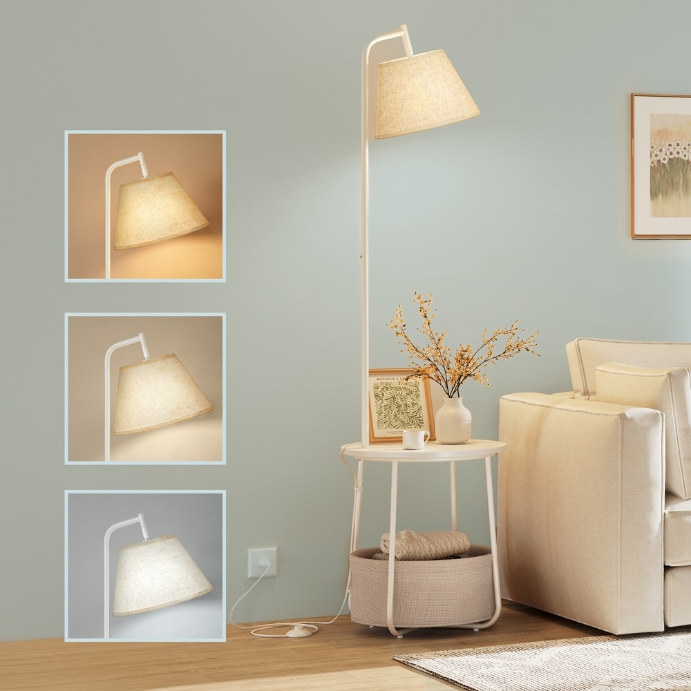 Sidebord med gulvlampe og stoffkurv, 3-i-1 – Hvit / Lampebord / Oppbevaringsbord med belysning