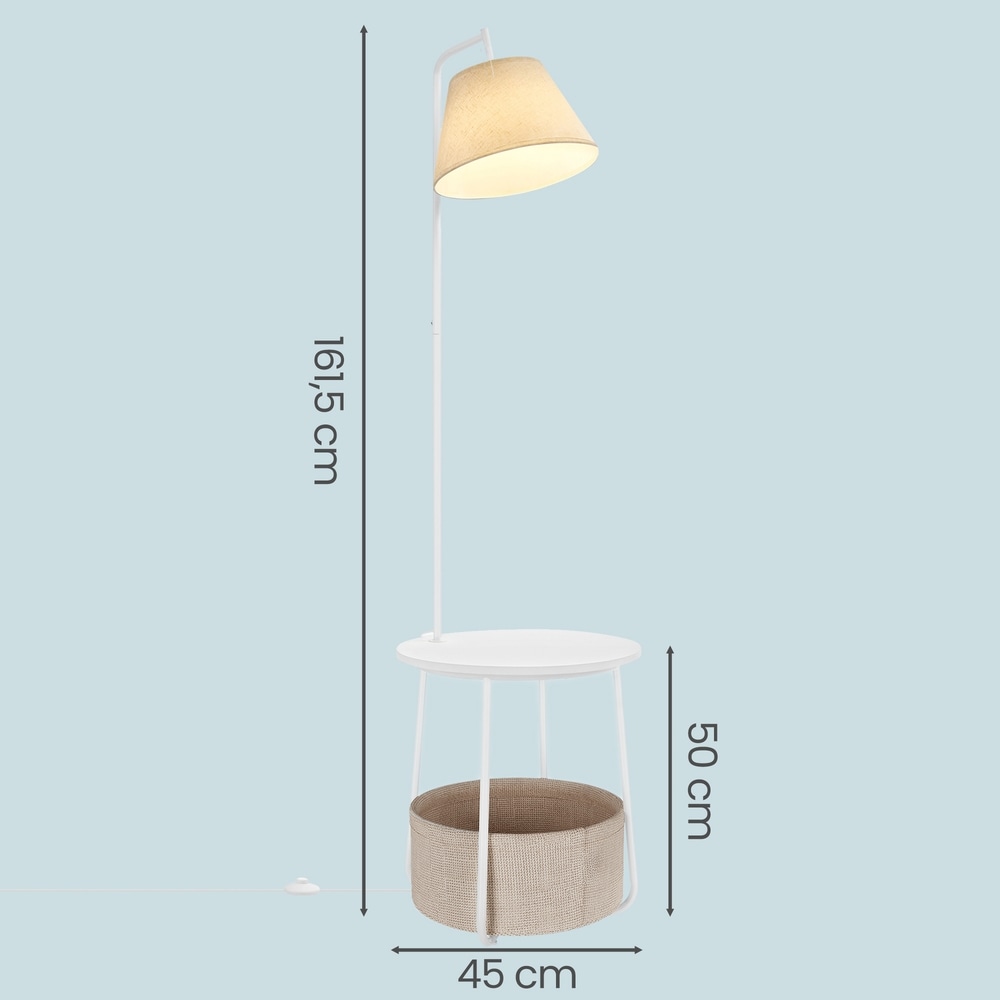Sidebord med gulvlampe og stoffkurv, 3-i-1 – Hvit / Lampebord / Oppbevaringsbord med belysning