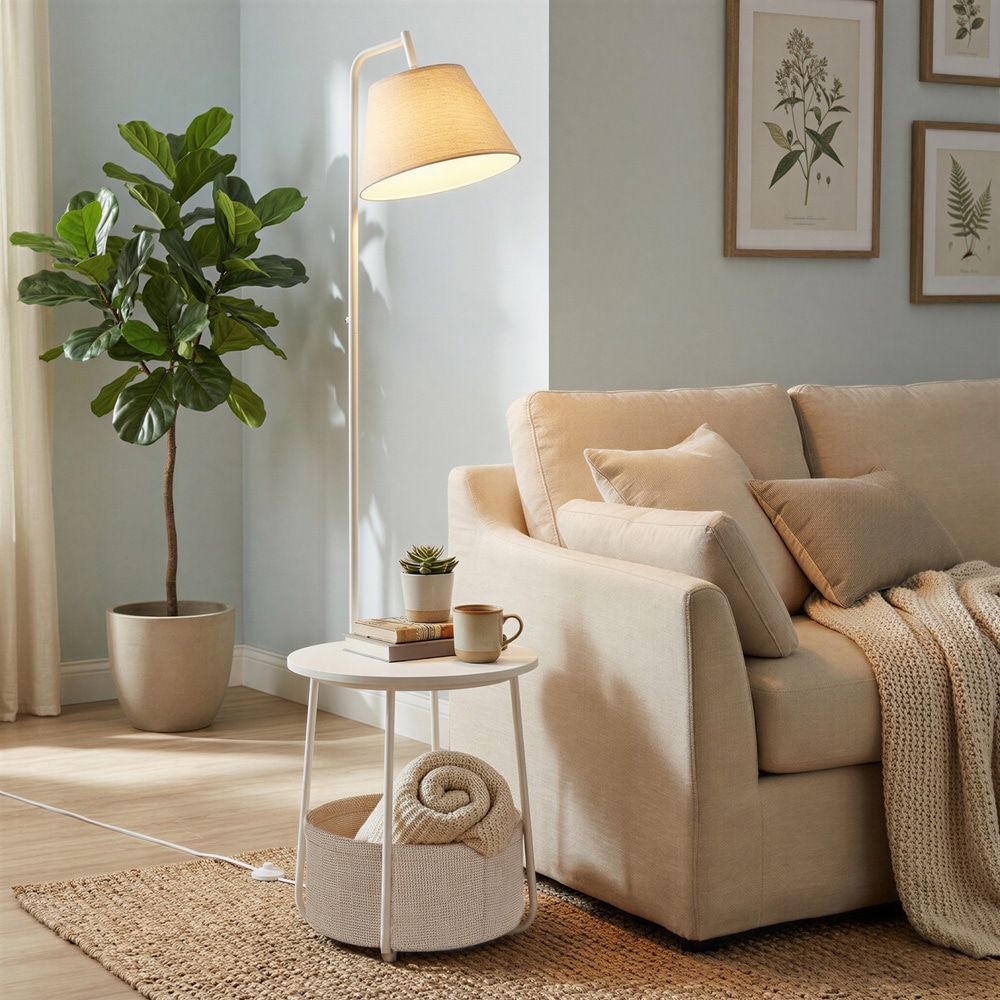 Sidebord med gulvlampe og stoffkurv, 3-i-1 – Hvit / Lampebord / Oppbevaringsbord med belysning