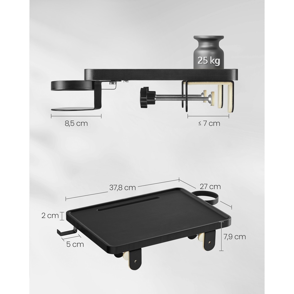 Hengende sengehylle til loftsseng – Svart / Nattbord med klemfeste / Sengebrett med koppholder