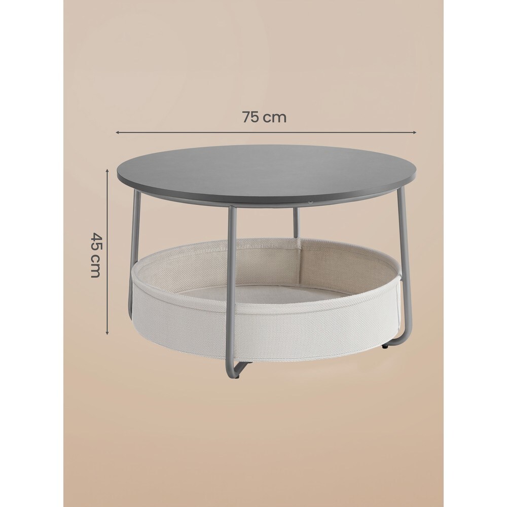 Rundt salongbord med kurv, 75 cm – Grå / Stuebord med oppbevaringsplass / Kaffebord med stoffkurv