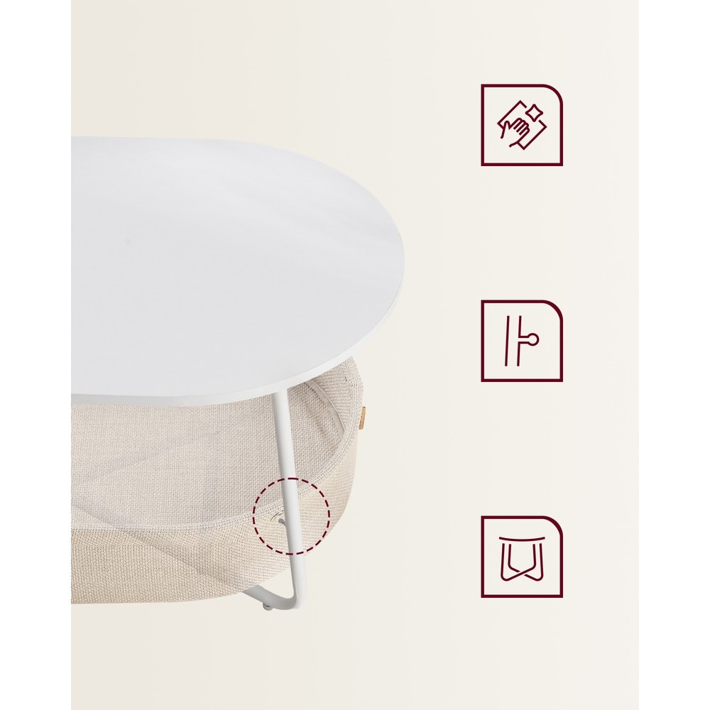 Ovalt salongbord med stoffkurv 100 x 45 cm – Hvit / Stuebord med oppbevaringsplass / Salongbord med kurv