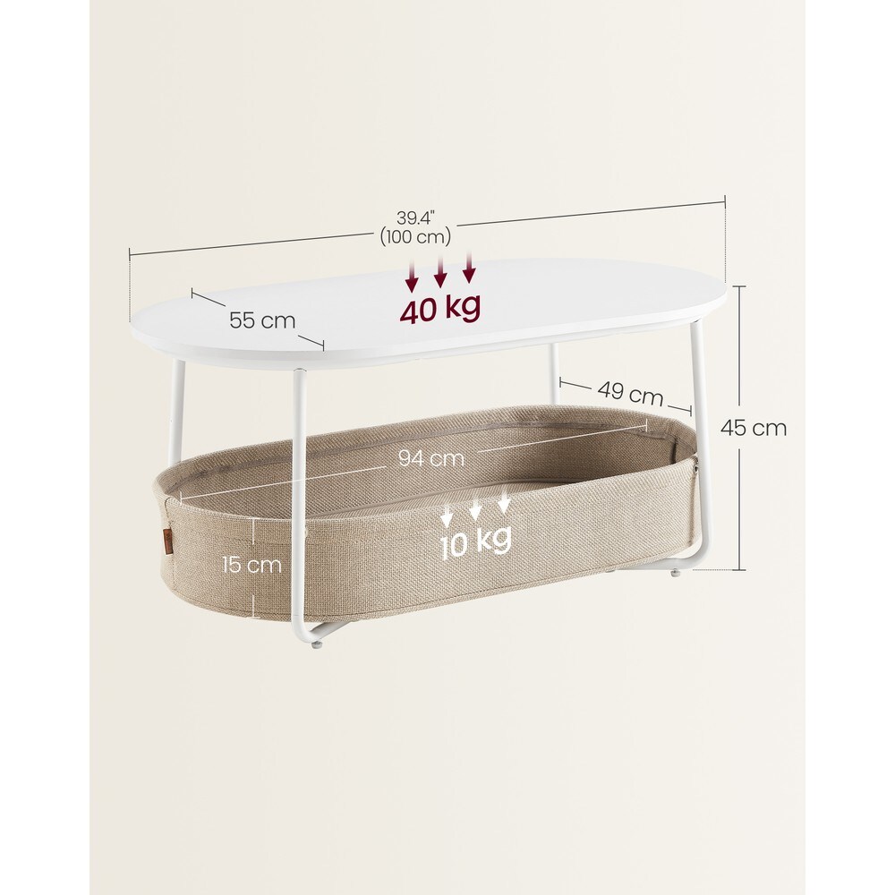 Ovalt salongbord med stoffkurv 100 x 45 cm – Hvit / Stuebord med oppbevaringsplass / Salongbord med kurv