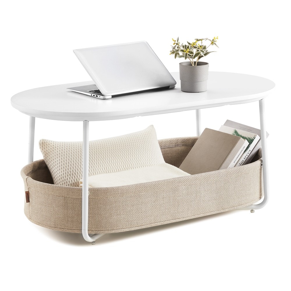 Ovalt salongbord med stoffkurv 100 x 45 cm – Hvit / Stuebord med oppbevaringsplass / Salongbord med kurv