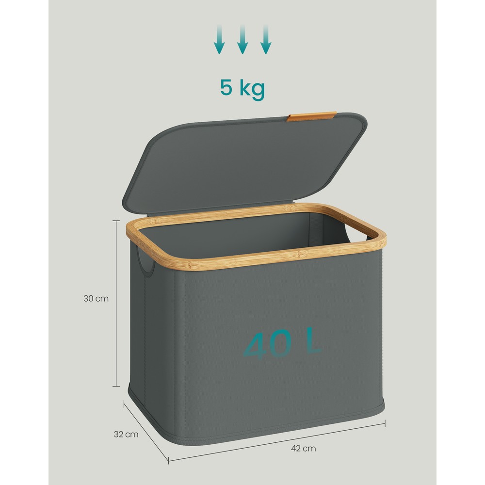 Vaskekurv med lokk og bambushåndtak, 40 liter – Grå / Sammenleggbar oppbevaringsløsning for vasketøy / Vaskekurv med lokk
