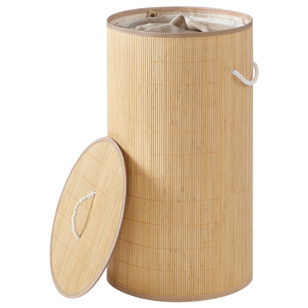 Sammenleggbar vaskekurv i bambus med lokk, 40 x 40 x 70 cm – Natur / Rund vaskekurv / Vaskekurv med pose