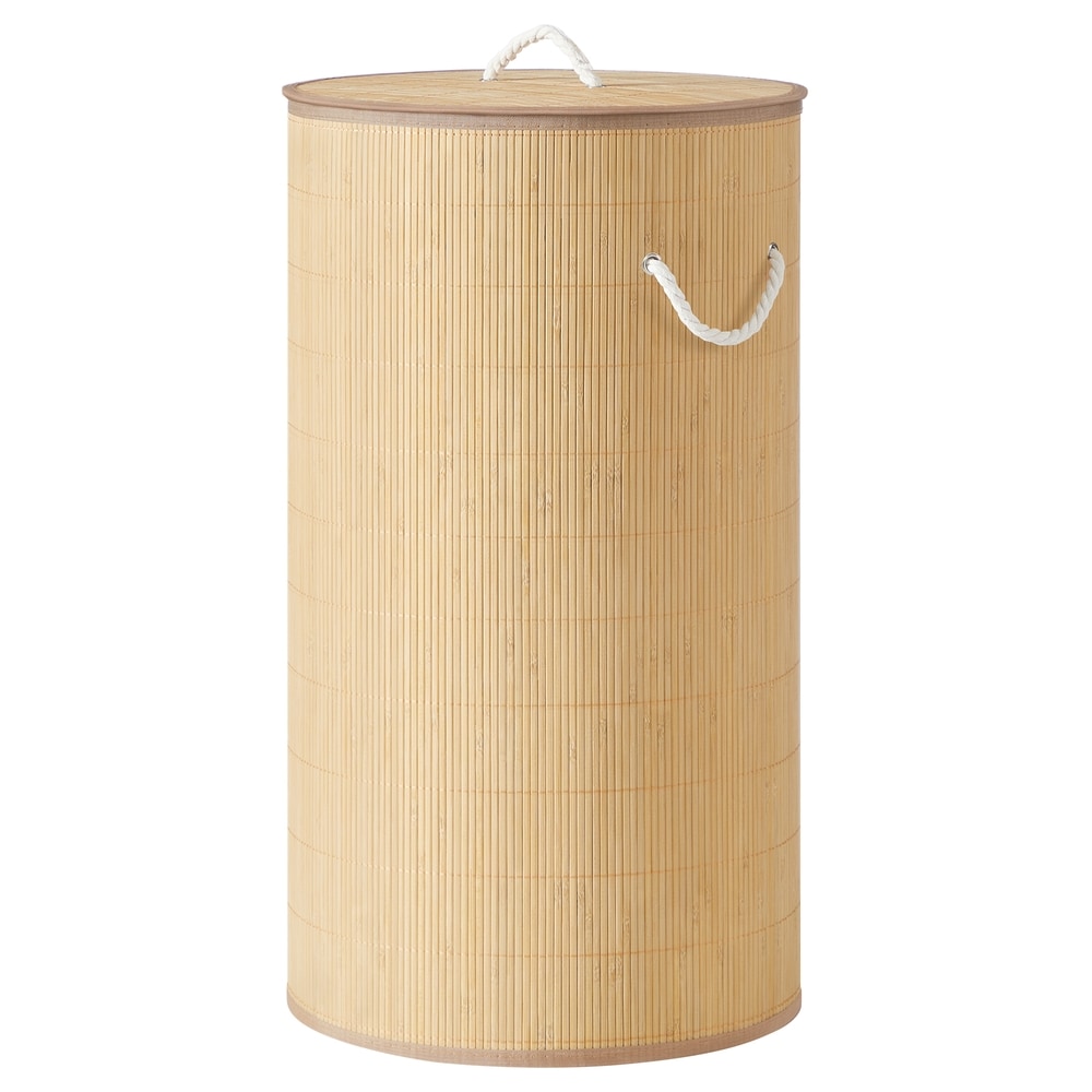 Sammenleggbar vaskekurv i bambus med lokk, 40 x 40 x 70 cm – Natur / Rund vaskekurv / Vaskekurv med pose