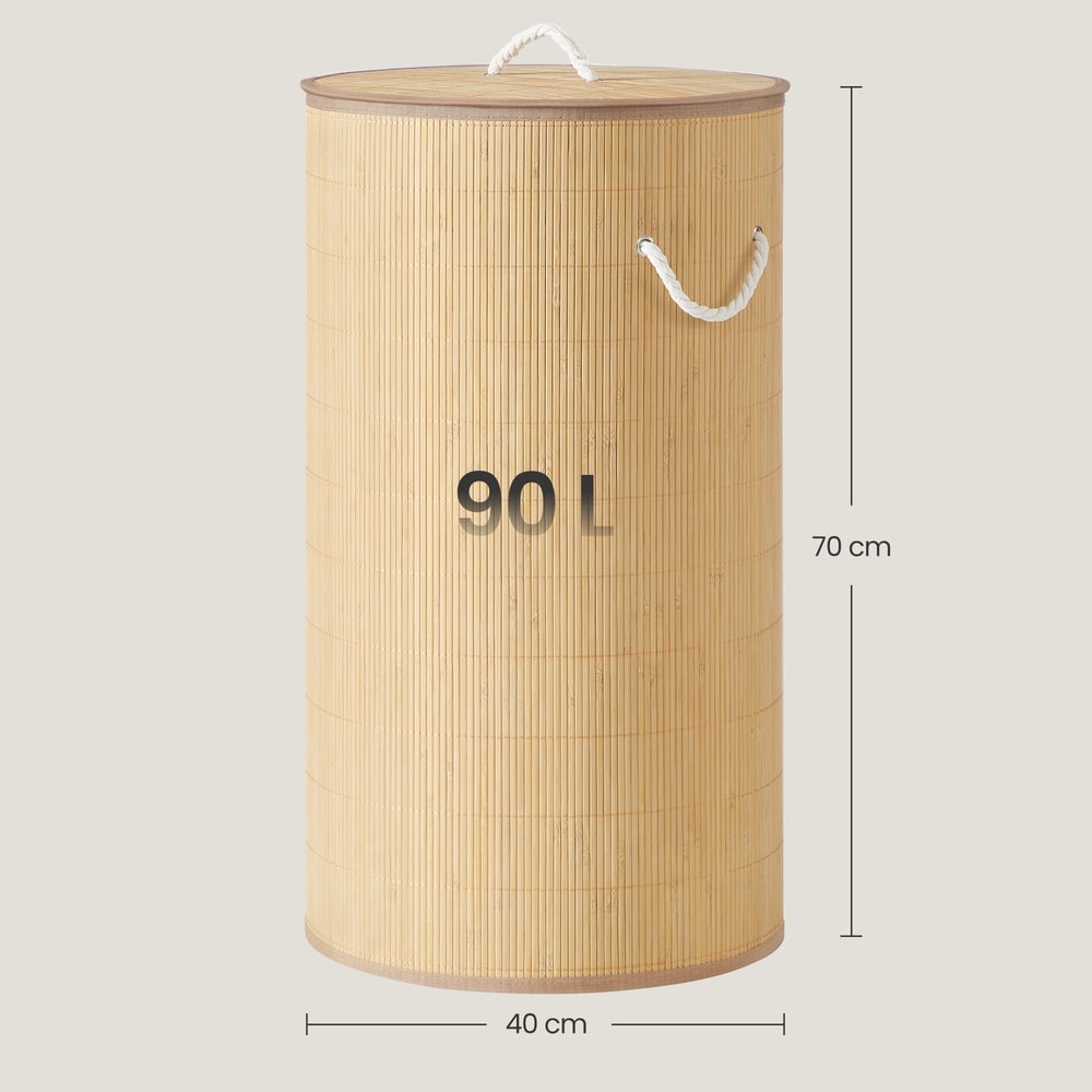 Sammenleggbar vaskekurv i bambus med lokk, 40 x 40 x 70 cm – Natur / Rund vaskekurv / Vaskekurv med pose