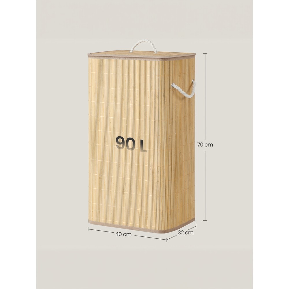 Sammenleggbar vaskekurv i bambus med lokk, 90 liter – Natur / Rektangulær vaskekurv / Vaskekurv med pose