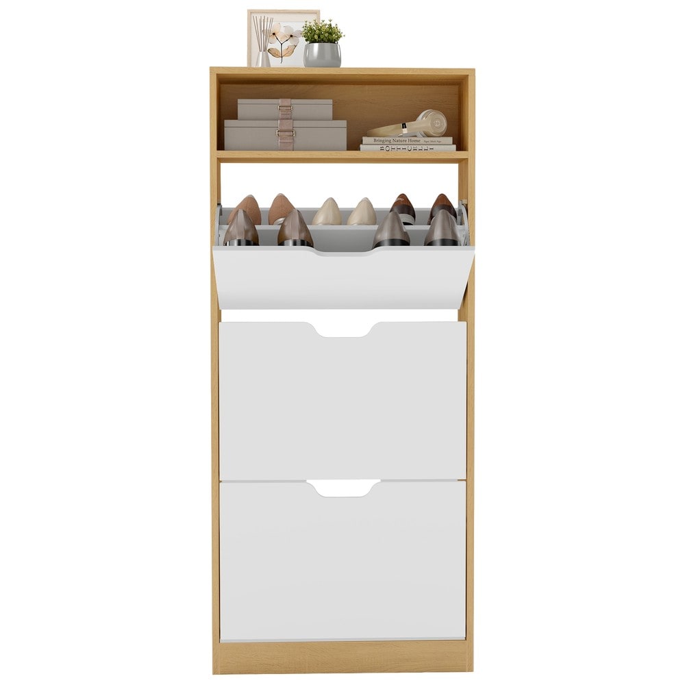 Skoskap med 3 nedfellbare rom, 139 cm – Eik/Hvit / Smal skokommode / Skoplass med klaffer