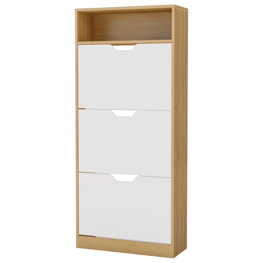 Skoskap med 3 nedfellbare rom, 139 cm – Eik/Hvit / Smal skokommode / Skoplass med klaffer