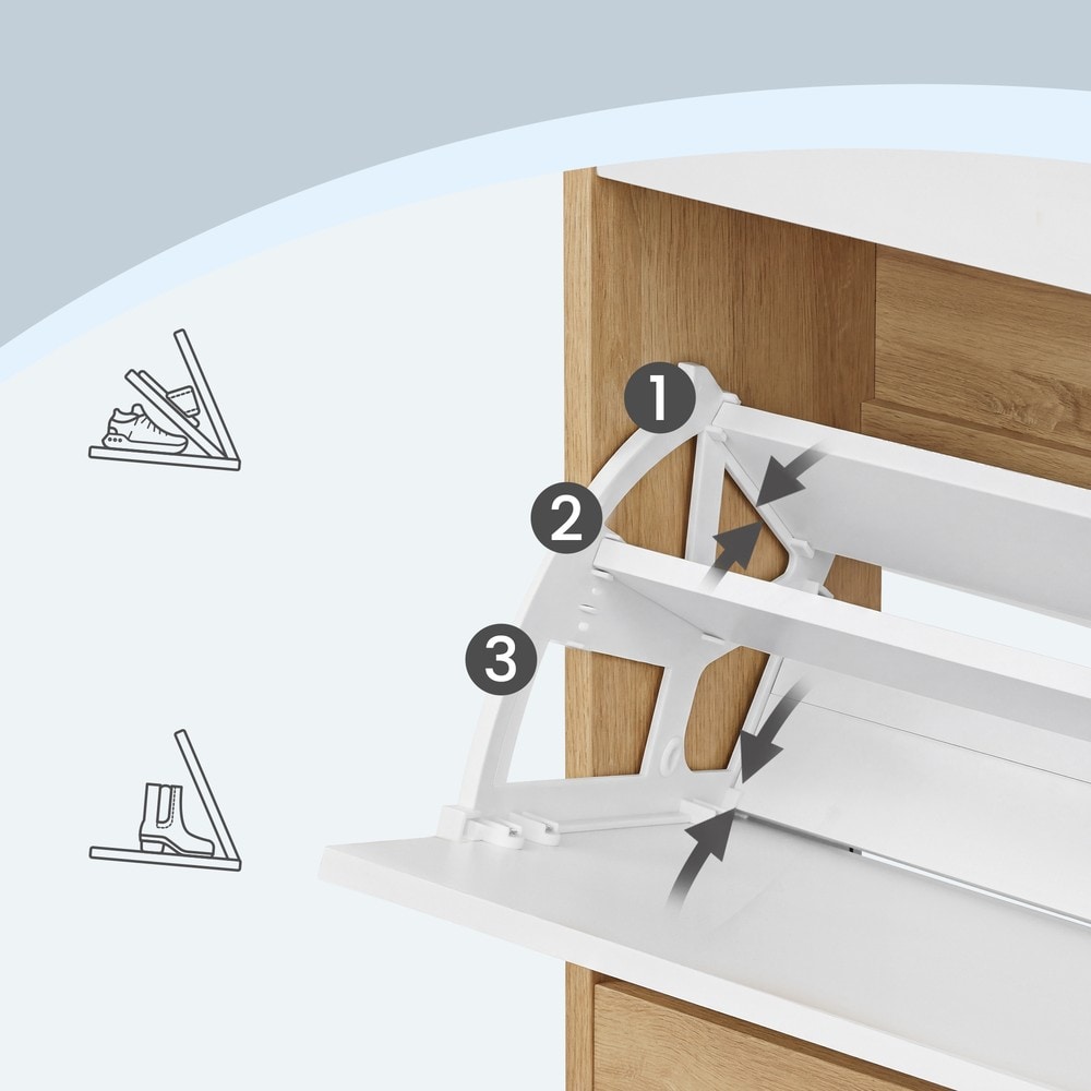 Skoskap med 3 nedfellbare rom, 139 cm – Eik/Hvit / Smal skokommode / Skoplass med klaffer