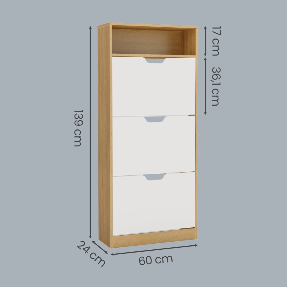 Skoskap med 3 nedfellbare rom, 139 cm – Eik/Hvit / Smal skokommode / Skoplass med klaffer