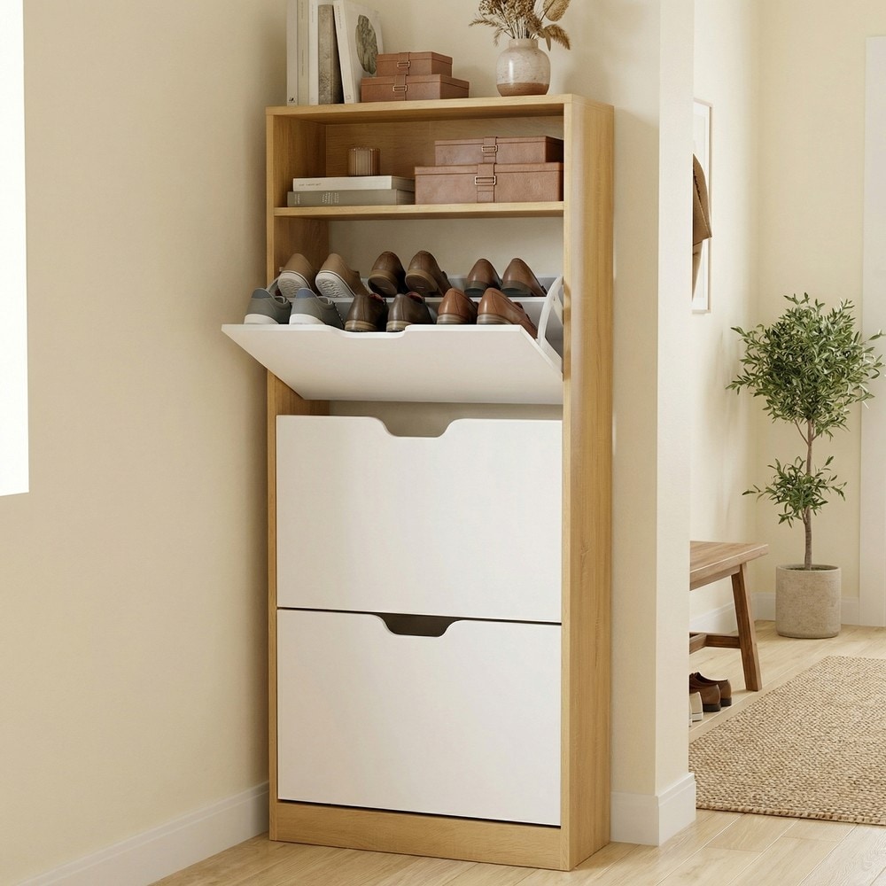 Skoskap med 3 nedfellbare rom, 139 cm – Eik/Hvit / Smal skokommode / Skoplass med klaffer