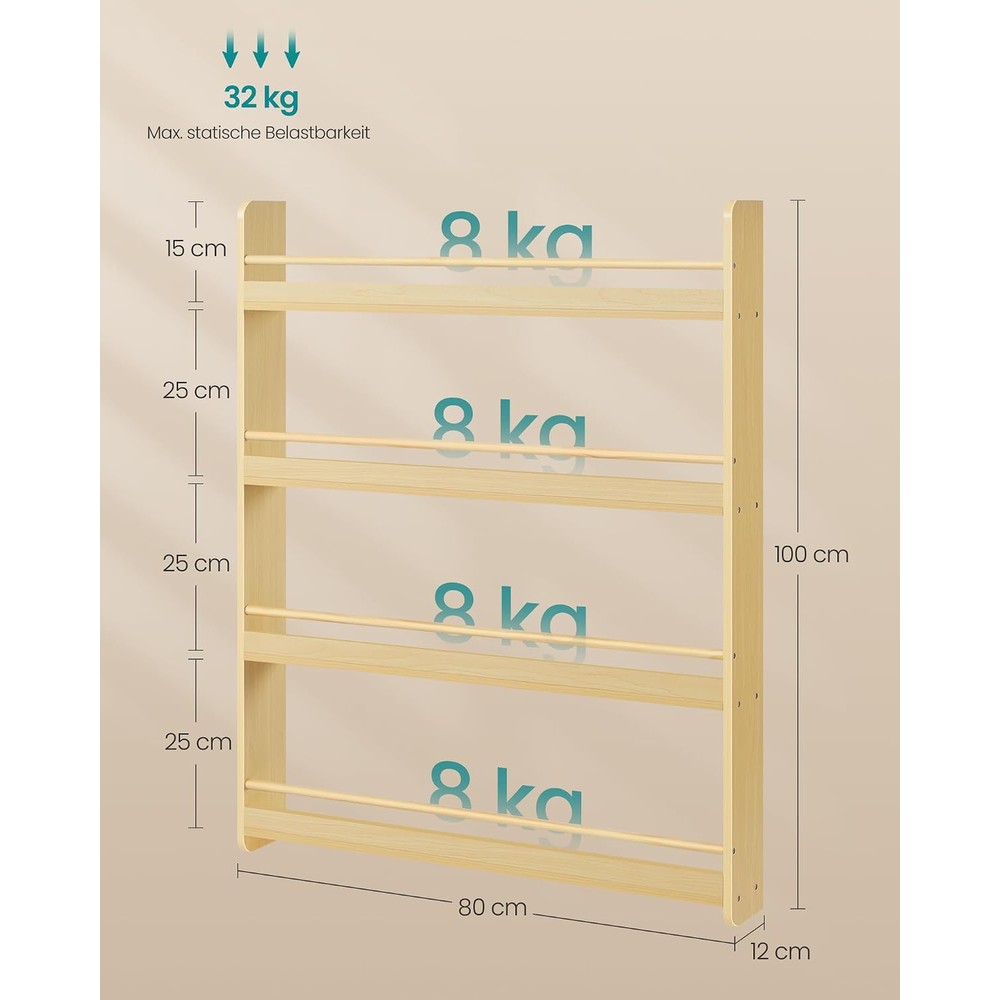 Veggmontert bokhylle for barn med 4 hyller – Natur / Bokhylle for barn / Bokhylle for barn