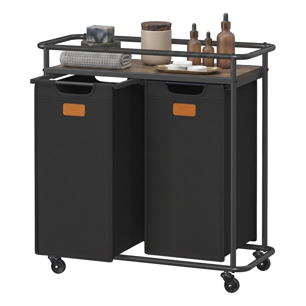 Vaskeromskurv på hjul med 2 vaskeposer og hylle, 100 liter – Svart/Brun / Vaskeromskurv / Posseholder