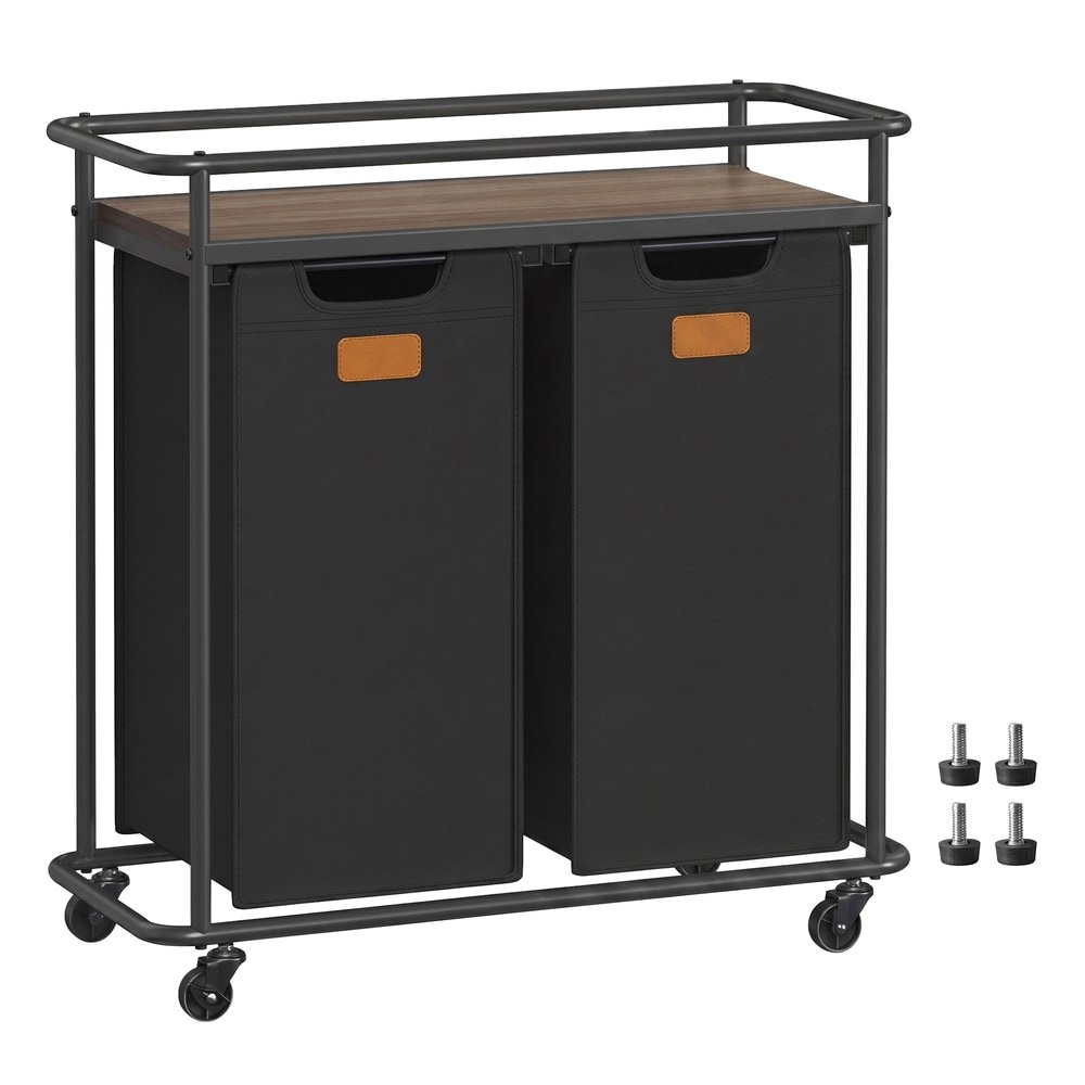 Vaskeromskurv på hjul med 2 vaskeposer og hylle, 100 liter – Svart/Brun / Vaskeromskurv / Posseholder