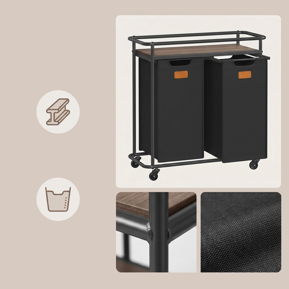 Vaskeromskurv på hjul med 2 vaskeposer og hylle, 100 liter – Svart/Brun / Vaskeromskurv / Posseholder