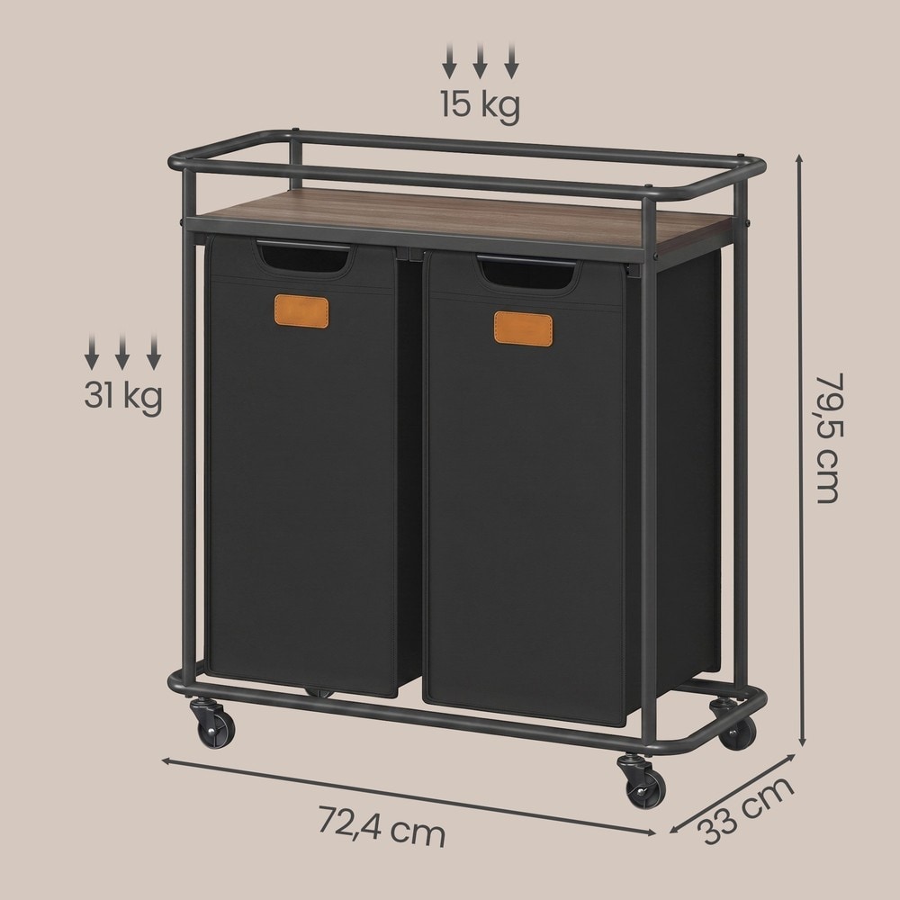 Vaskeromskurv på hjul med 2 vaskeposer og hylle, 100 liter – Svart/Brun / Vaskeromskurv / Posseholder