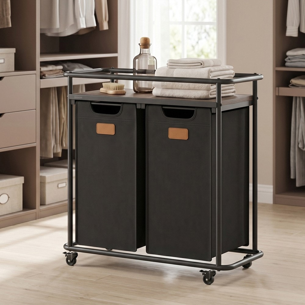 Vaskeromskurv på hjul med 2 vaskeposer og hylle, 100 liter – Svart/Brun / Vaskeromskurv / Posseholder