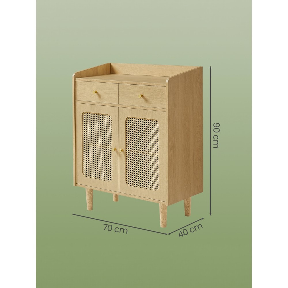 Boho-stil sidebord med rotting, 2 skuffer og 2 dører – Eik / Bufféskap / Oppbevaringsskap