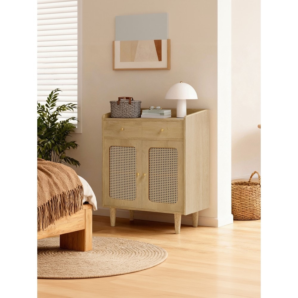 Boho-stil sidebord med rotting, 2 skuffer og 2 dører – Eik / Bufféskap / Oppbevaringsskap