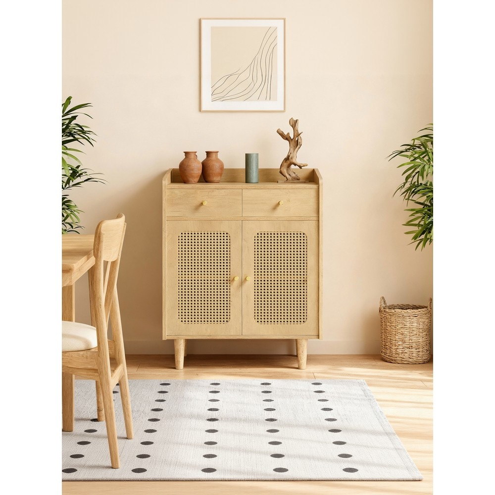 Boho-stil sidebord med rotting, 2 skuffer og 2 dører – Eik / Bufféskap / Oppbevaringsskap