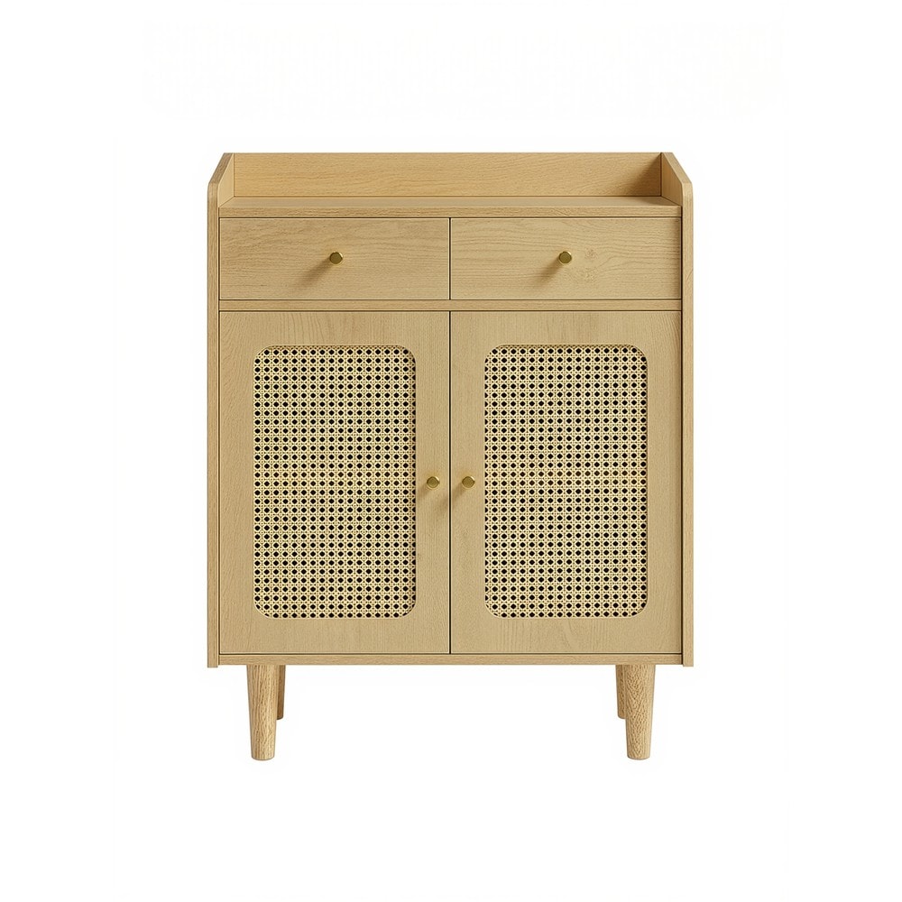 Boho-stil sidebord med rotting, 2 skuffer og 2 dører – Eik / Bufféskap / Oppbevaringsskap