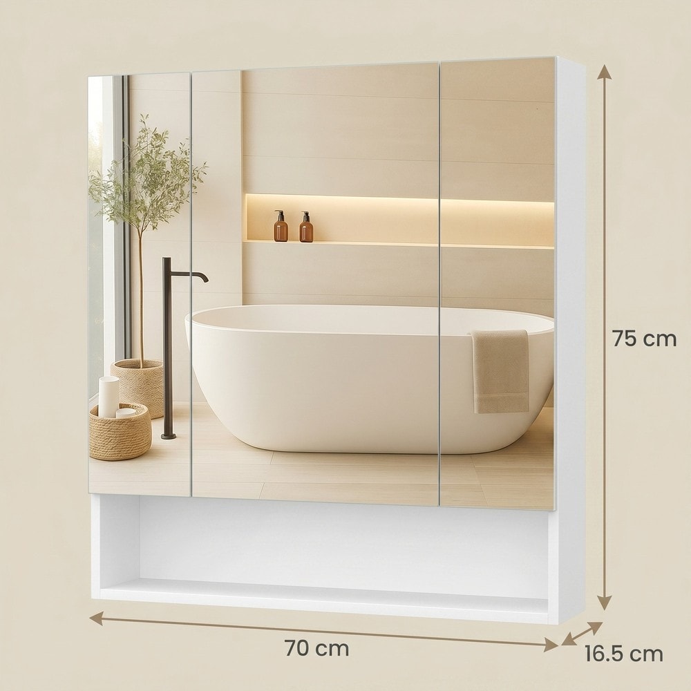 Badespeilskap med 3 dører, 70 x 75 cm – Hvit / Badeskap med speil / Veggskap
