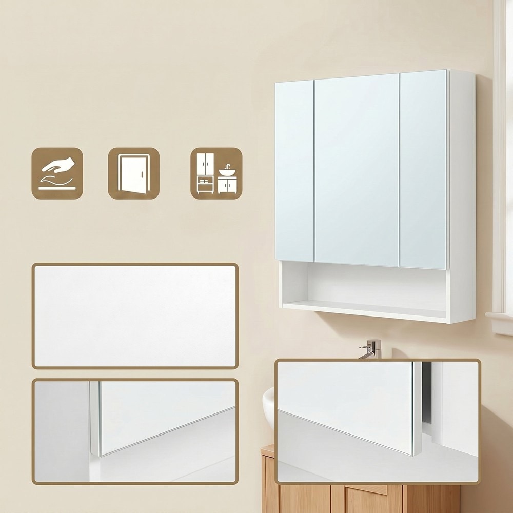 Badespeilskap med 3 dører, 70 x 75 cm – Hvit / Badeskap med speil / Veggskap