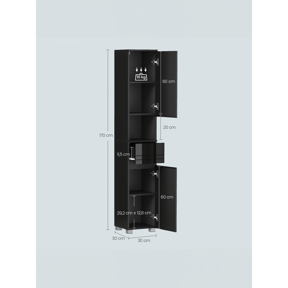 Smal baderomsskap 170 x 30 x 30 cm – Svart / Høyt skap med skuff / Oppbevaringsløsning til badet med dører