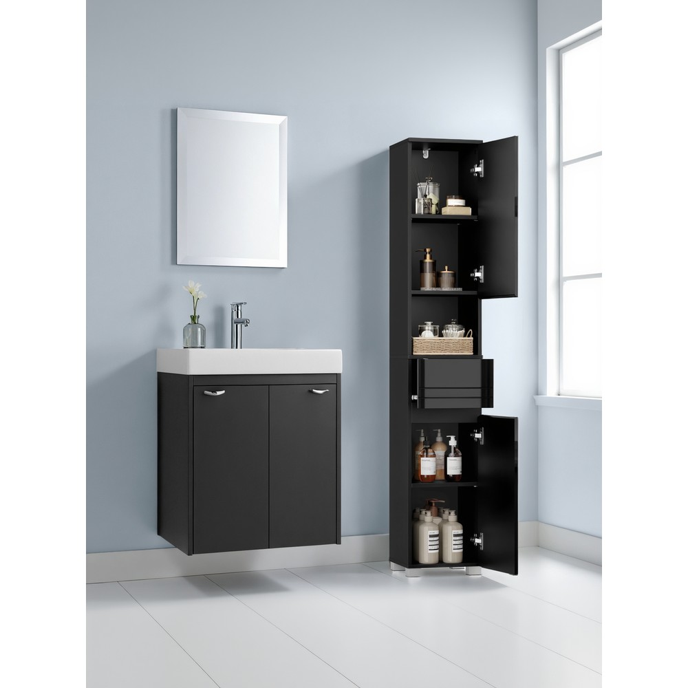 Smal baderomsskap 170 x 30 x 30 cm – Svart / Høyt skap med skuff / Oppbevaringsløsning til badet med dører