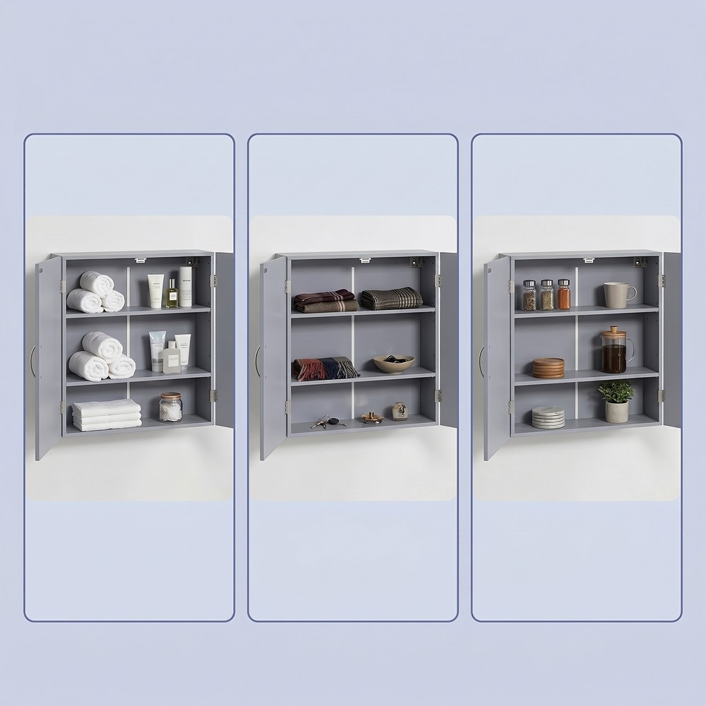 Veggskap med 2 dører, 60 x 18 x 60 cm – Grå/Hvit / Badeskap med hyller / Hengende skap