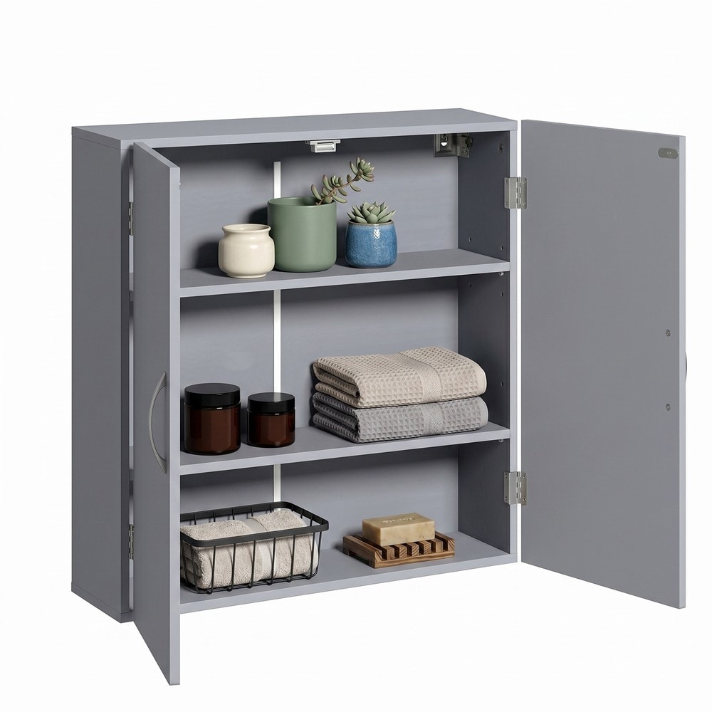 Veggskap med 2 dører, 60 x 18 x 60 cm – Grå/Hvit / Badeskap med hyller / Hengende skap