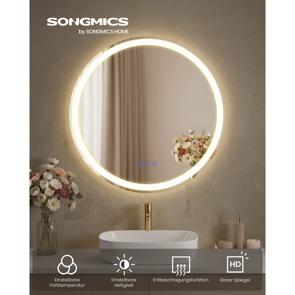 Rund badespeil med LED-belysning og anti-dugg-funksjon, 61 cm – Hvit / LED-speil / Veggspeil