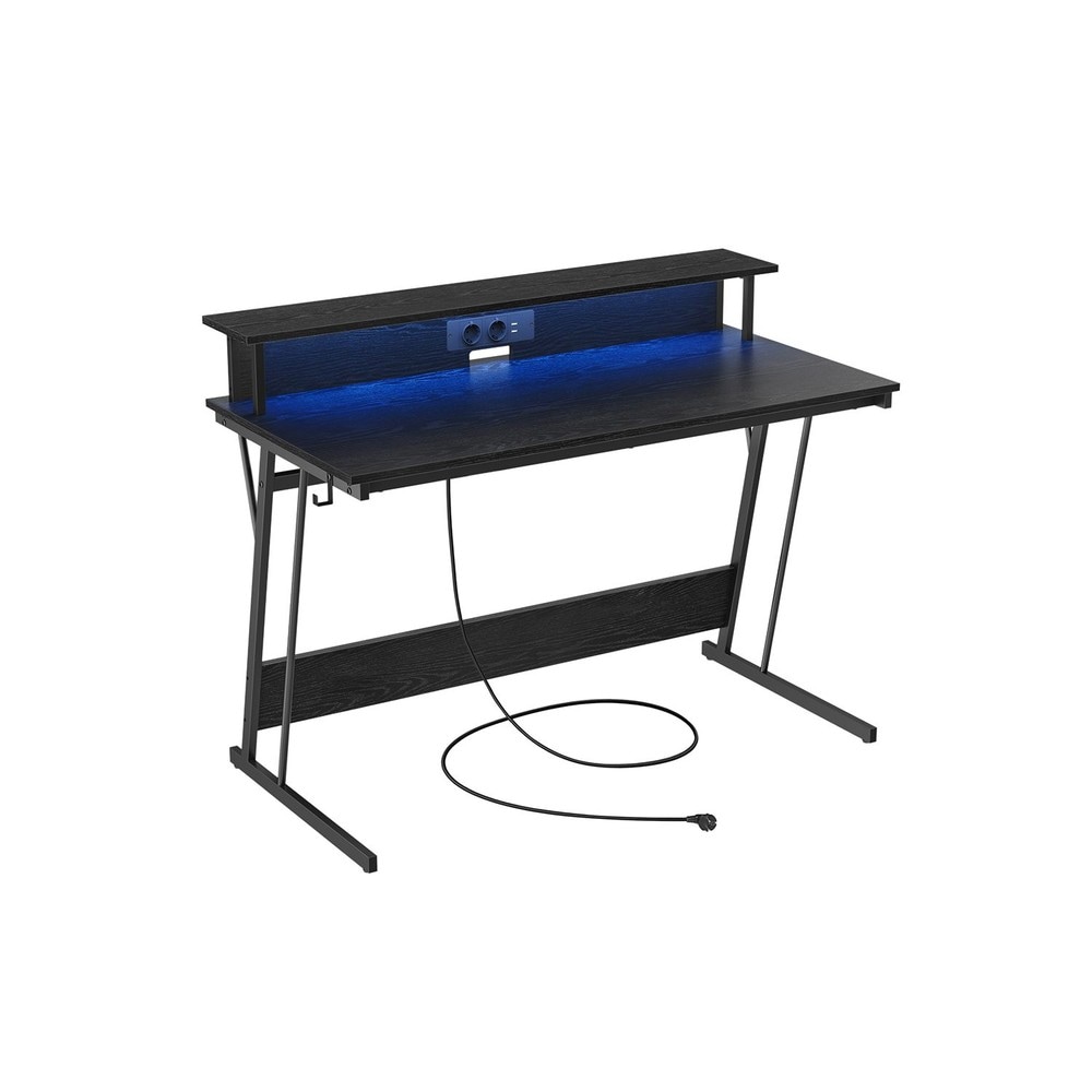 Spillbord med LED-belysning, strømuttak og skjermhylle 120 x 60 cm – Svart / Databord / Skrivebord