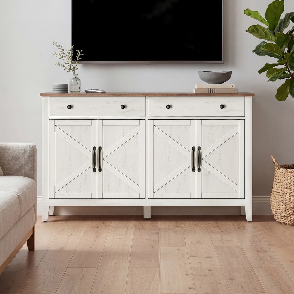 Sidebord med skuff og dører, 140 cm – Hvit–Brun – Sidebord – Oppbevaringsskap til stuen