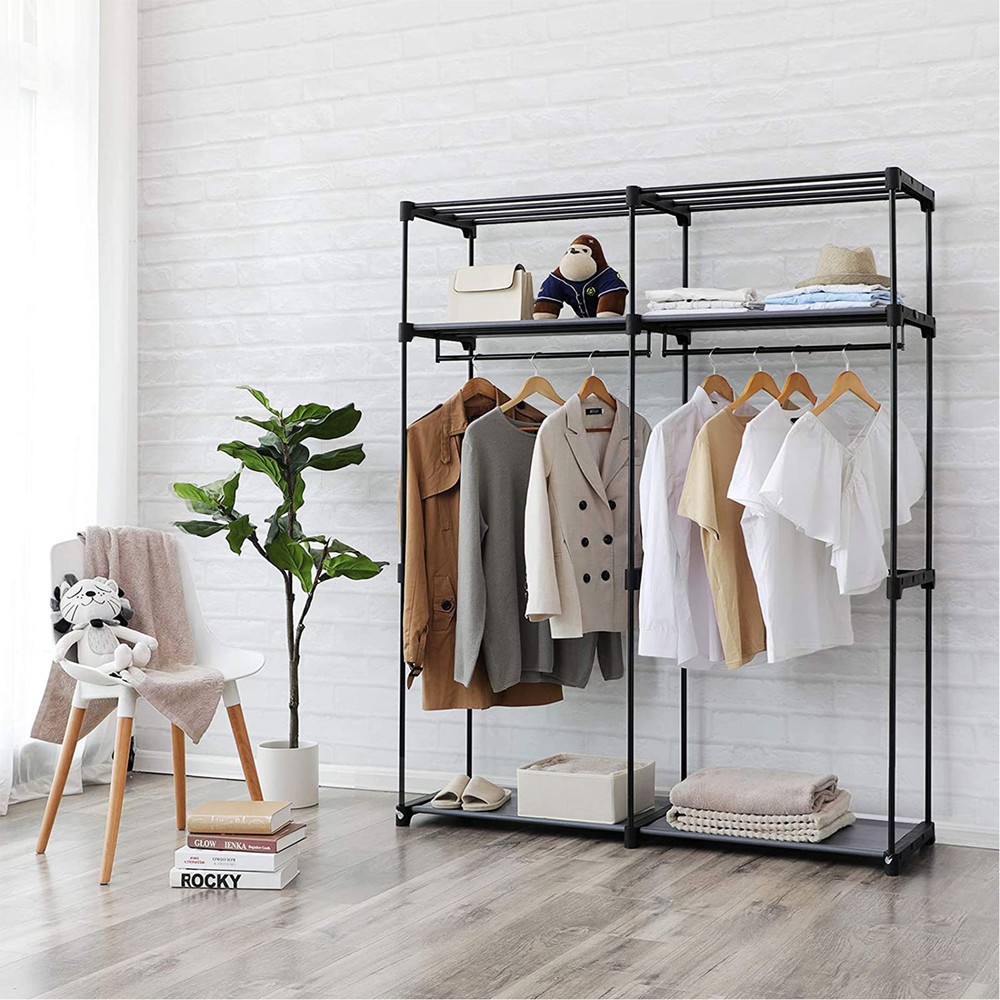 Sammenleggbar klesskap i stoff med 2 klesstenger, 140 x 43 x 174 cm – Svart / Stoffskap / Klesoppbevaring