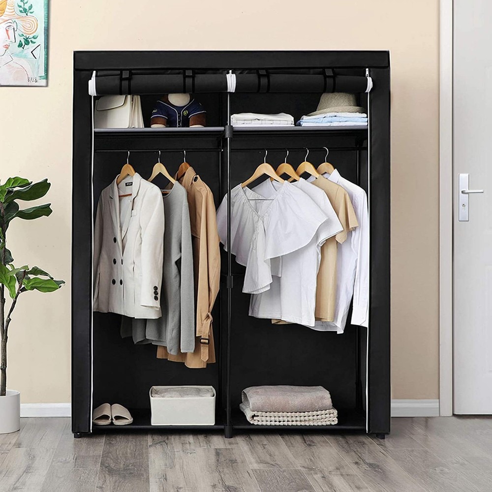 Sammenleggbar klesskap i stoff med 2 klesstenger, 140 x 43 x 174 cm – Svart / Stoffskap / Klesoppbevaring