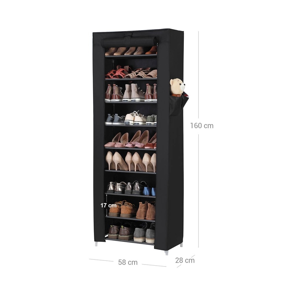 Skohylle i stoff med 9 hyller, 58 x 28 x 160 cm – Svart / Skohylle i stoff / Skooppbevaring