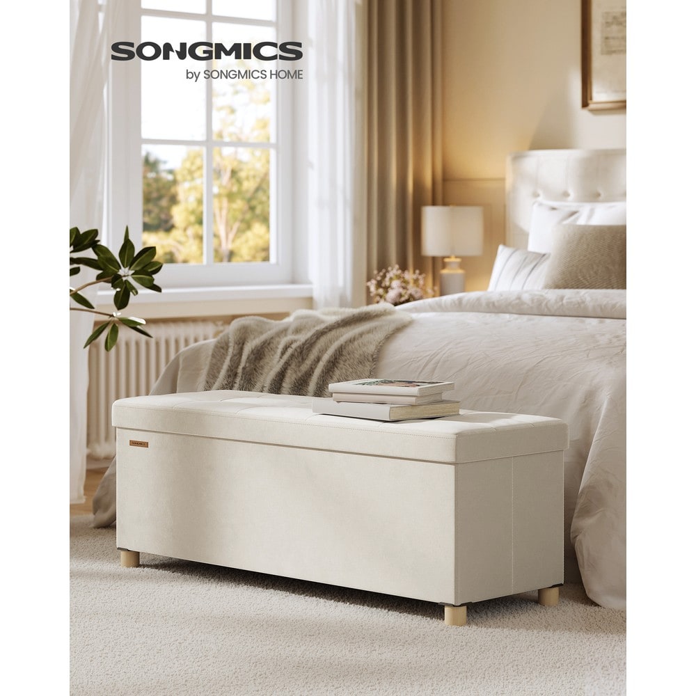 Sammenleggbar benk med oppbevaringsplass i fløyel, 110 cm – Beige / Oppbevaringsbenk / Fløyelsbenk
