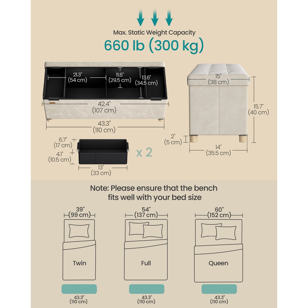 Sammenleggbar benk med oppbevaringsplass i fløyel, 110 cm – Beige / Oppbevaringsbenk / Fløyelsbenk