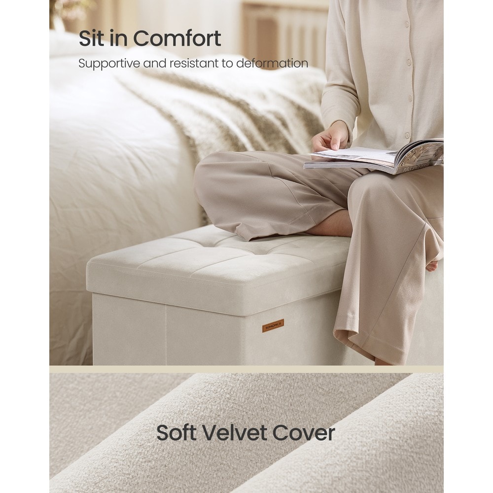 Sammenleggbar benk med oppbevaringsplass i fløyel, 110 cm – Beige / Oppbevaringsbenk / Fløyelsbenk
