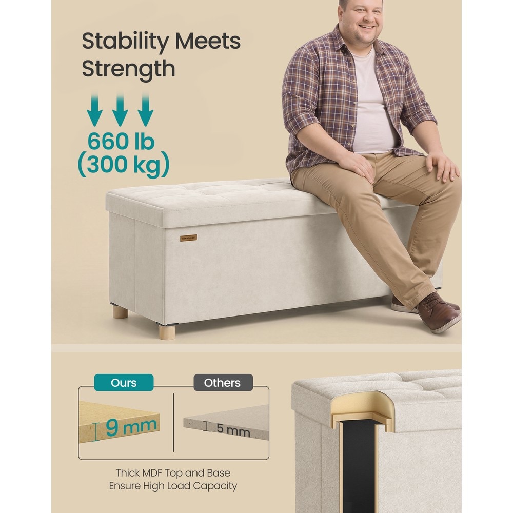 Sammenleggbar benk med oppbevaringsplass i fløyel, 110 cm – Beige / Oppbevaringsbenk / Fløyelsbenk